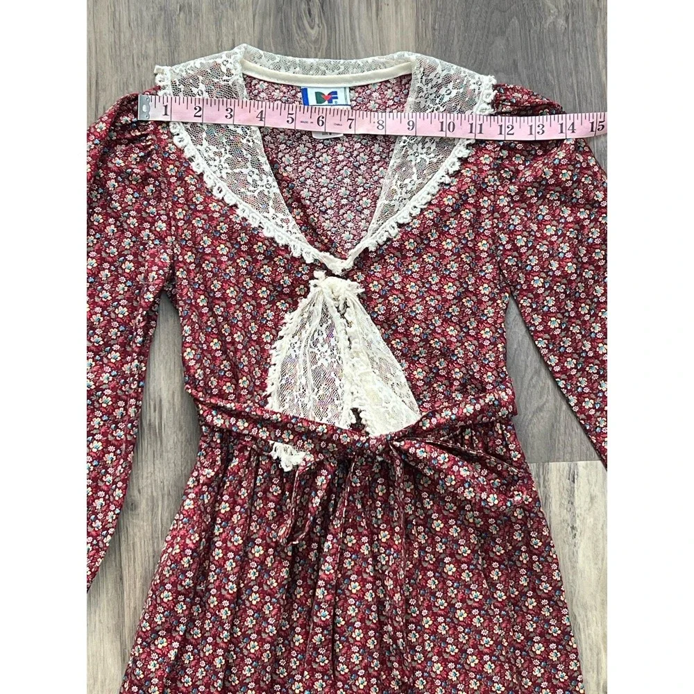 Vintage 70s Diane‎ von Furstenberg Dress Girls 8 Lace Red Floral Cottagecore